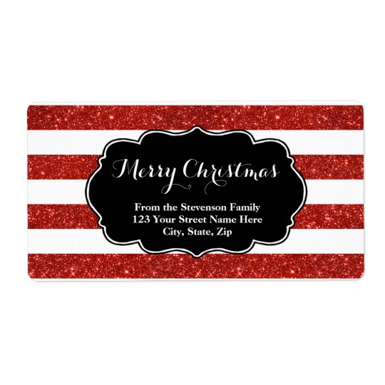 Red Glitter Stripes Christmas Address Label