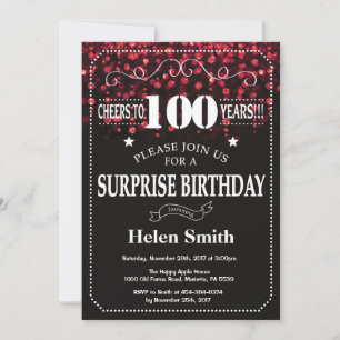 Red Glitter Surprise 100th Birthday Invitation