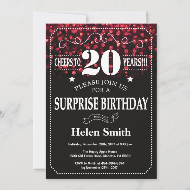 Red Glitter Surprise 20th Birthday Invitation (Front)