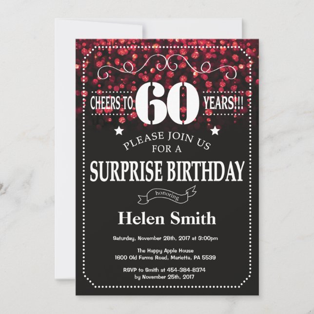 Red Glitter Surprise 60th Birthday Invitation (Front)