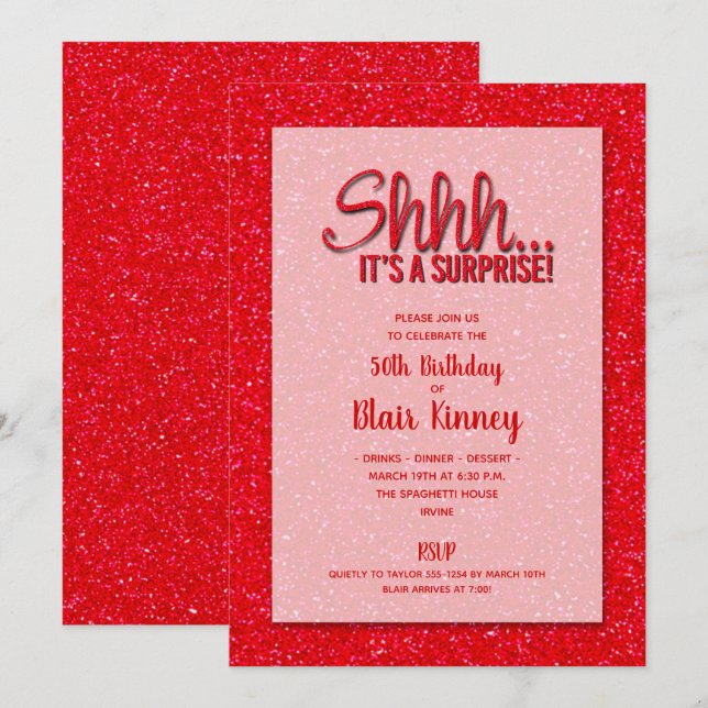 Red Glitter SURPRISE Birthday Invitation (Front/Back)