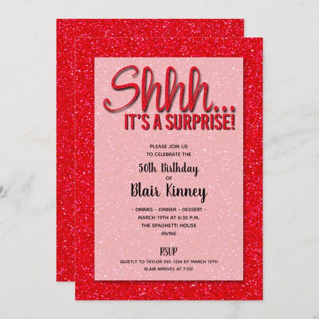 Red Glitter SURPRISE Birthday Invitations (Front/Back)