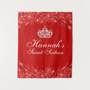 Red Glitter Sweet 16 Backdrop Tapestry