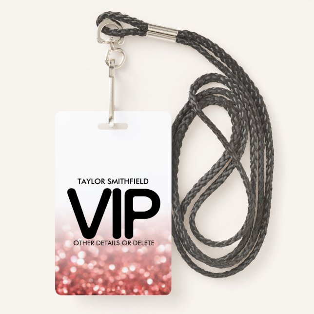 Red Glitter trendy modern VIP lanyard badge custom ID Badge (Front with Lanyard)