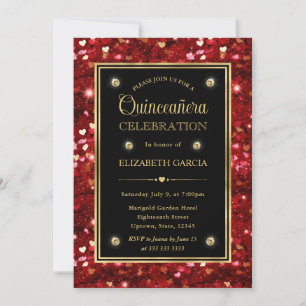 Red Glitter Valentine Hearts Quinceanera Invitation
