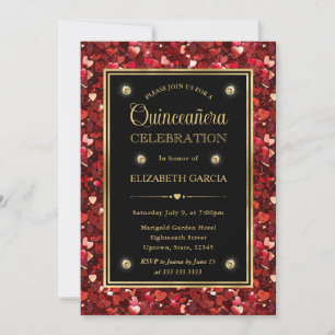 Red Glitter Valentine Hearts Quinceanera Invitation