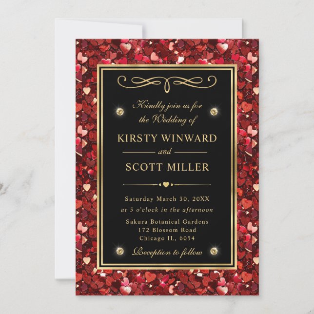 Red Glitter Valentine Hearts Wedding Invitation (Front)