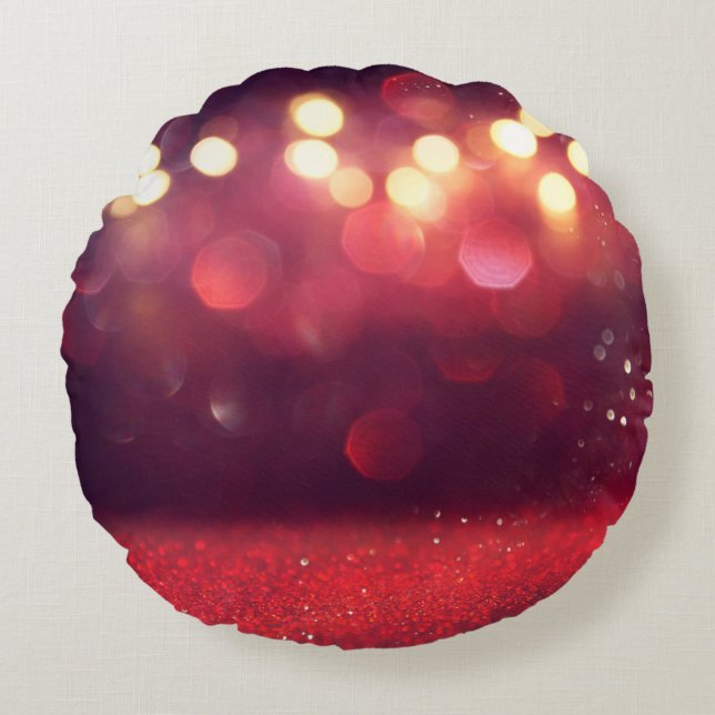Red glitter vintage lights background. defocusedba round cushion (Front)
