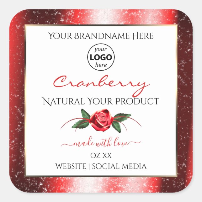 Red Glitter White Product Labels Rose Flower Logo (Front)