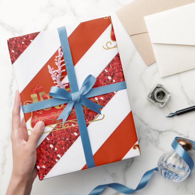 Red Glitter White Striped Christmas Sleigh Wrapping Paper (Gifting)