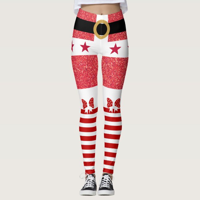 Red Glitter & White Stripes Stars Santa Christmas Leggings (Front)