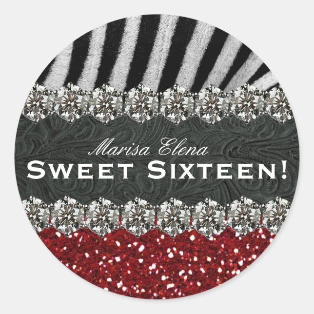 Red Glitter Zebra Celebration Sweet Sixteen Classic Round Sticker (Front)