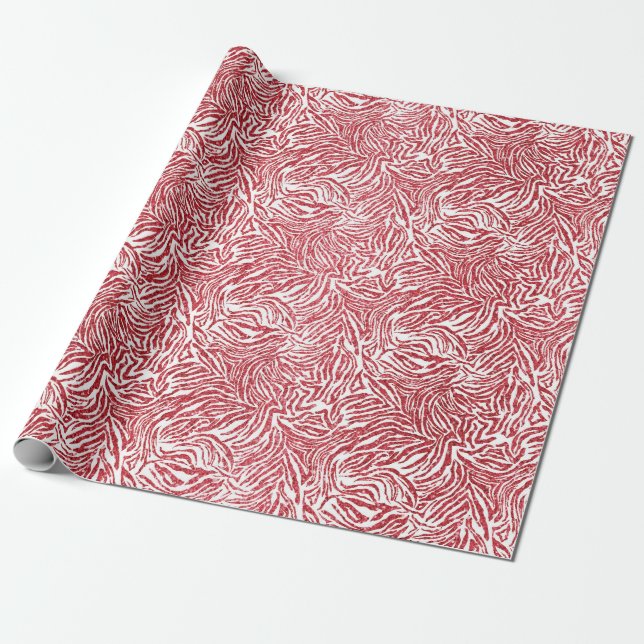 Red Glittered Zebra Print Wrapping Paper (Unrolled)