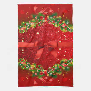 Red Glitters with Bow and Christmas Ornaments Tea Towel