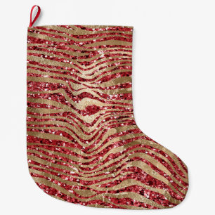 Red Glitz Gold Glam Zebra Print Stripes Large Christmas Stocking