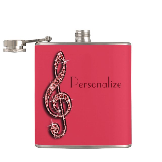 Red Glitzy Sparkly Music Notes Hip Flask (Opened)