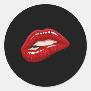 Red Glossy Lips Biting Mouth Kisser Classic Round Sticker