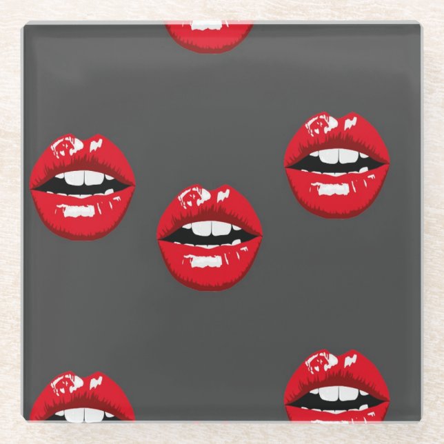 Red glossy lips on grey glass coaster (Front)