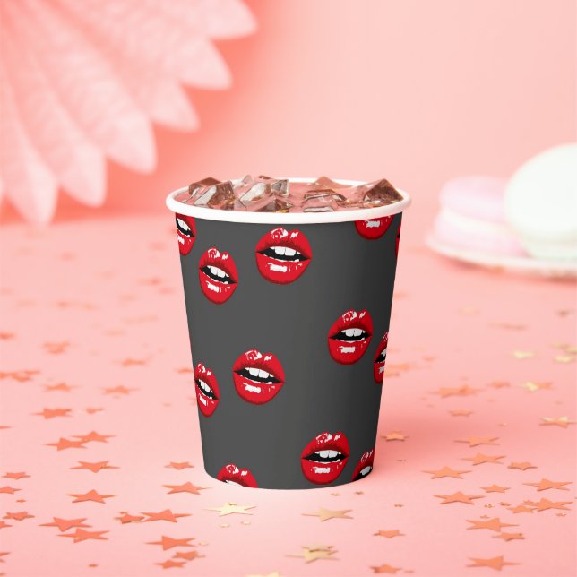 Red glossy lips on grey paper cups (Insitu)