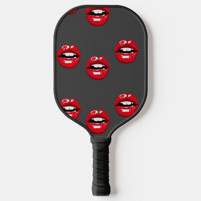 Red glossy lips on grey pickleball paddle (Front)