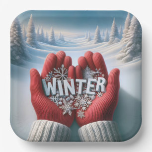 Red Gloves With Winter Text Paper Plate