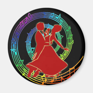 Red glowing dancing couple on colourful music magnet