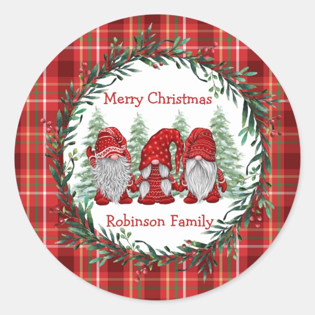 Red Gnomes Christmas Holly Berry Wreath Classic Round Sticker (Front)