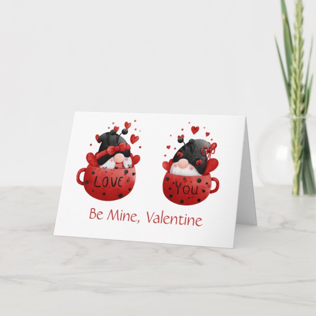 Red Gnomes Cute Whimsical Adorable Valentine's day Holiday Card (Front)