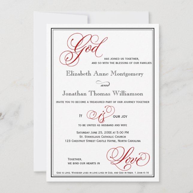 Red God is Love Christian Wedding Invitation (Front)
