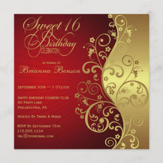 Red & Gold 16th Birthday Party Invitation