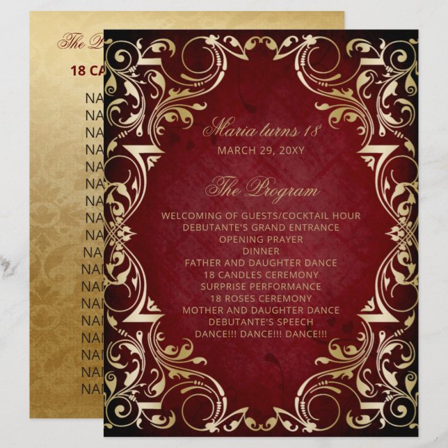 Red Gold 18 Candles and Roses Ceremony Program (Front/Back)