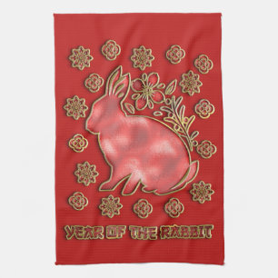 Red Gold 2023 Rabbit Lunar Chinese New Year Tea Towel