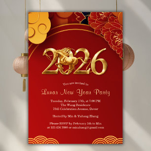 Red Gold 2026 Horse Chinese Lunar New Year Party Invitation