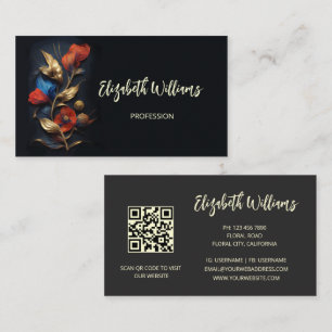 Red Gold 3 D Flowers Black  Business Card