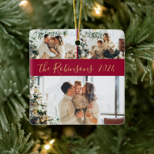 Red Gold 3 Family Photo Collage Christmas  Ceramic Ornament (Tree)