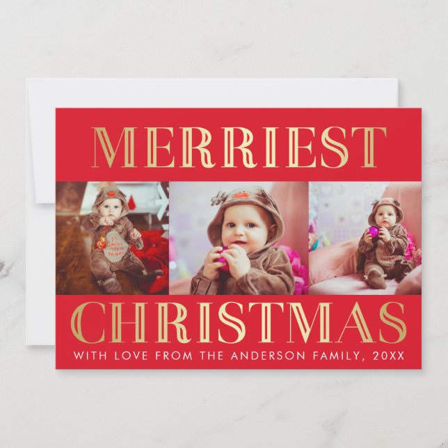 Red & Gold | 3 Photo Christmas Holiday Greeting Card (Front)