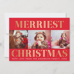 Red & Gold 3 Photo Christmas Holiday Greeting Card