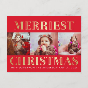 Red & Gold   3 Photo Christmas Holiday Greeting Postcard