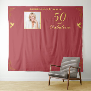 Red Gold 50 Fabulous Birthday Photo Backdrop Tapestry