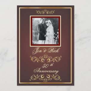 Red + Gold 50th Anniversary, Gold Swirls Photo Invitation