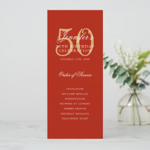 Red Gold 50th Birthday Party Program w/ Menu Invitation