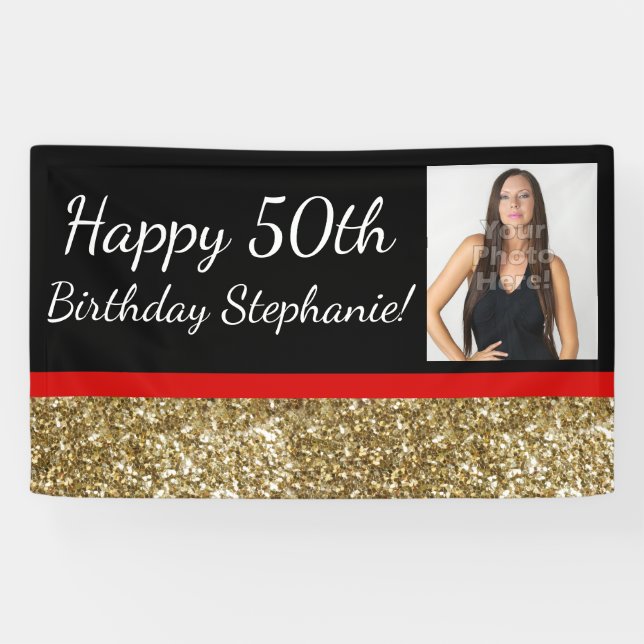 Red Gold 50th Fabulous Photo Birthday Party Banner (Horizontal)