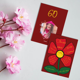 Red & Gold 60th Birthday Simple Doodle Flower Invitation
