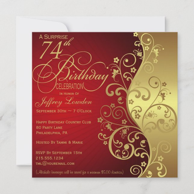Red &  Gold 74th Birthday Party Invitation (Front)