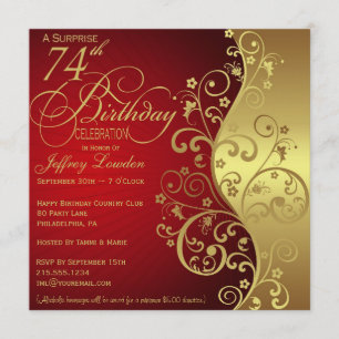 Red &  Gold 74th Birthday Party Invitation