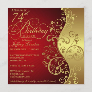 Red & Gold 74th Birthday Party Invitation