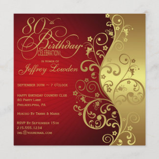 Red & Gold 80th Birthday Party Invitation
