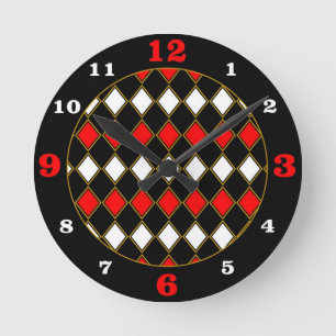 Red/Gold Accented Harlequin Pattern Round Clock