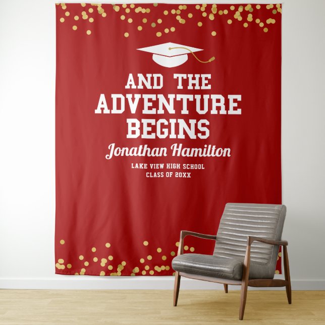 Red Gold Adventure Begins Grad Party Backdrop Sign Tapestry (In Situ)