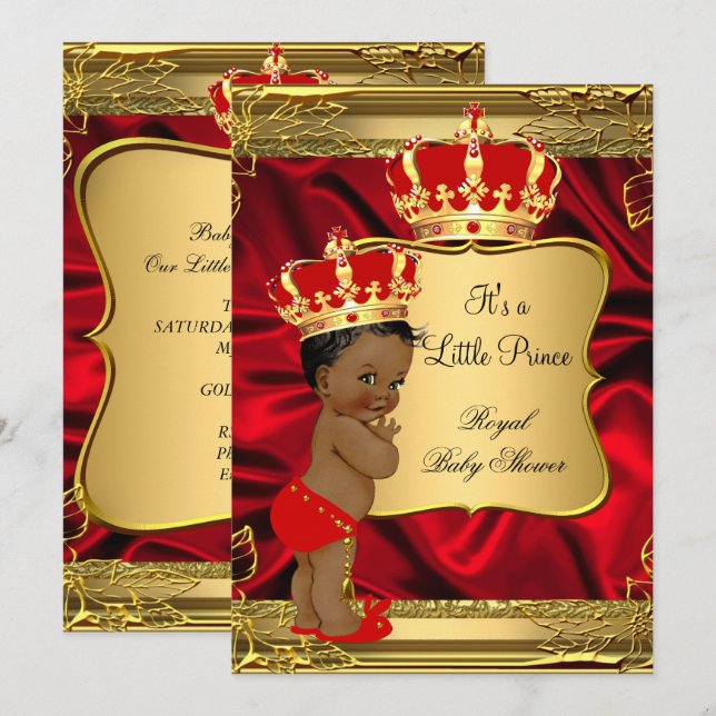 Red Gold African American Prince Baby Shower Invitation (Front/Back)